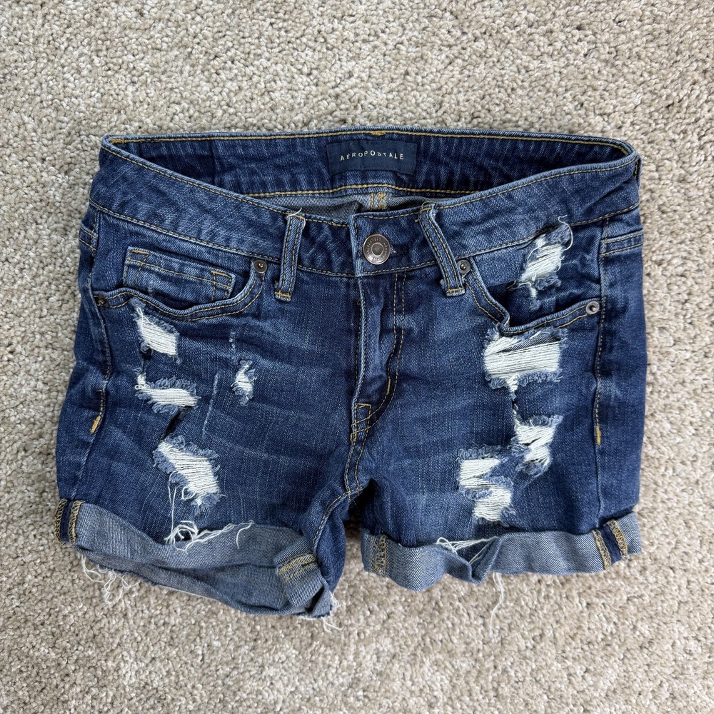 Aeropostale Denim Cutoff Shorts Womens 0 Blue Distressed Cuffed Summer Casual